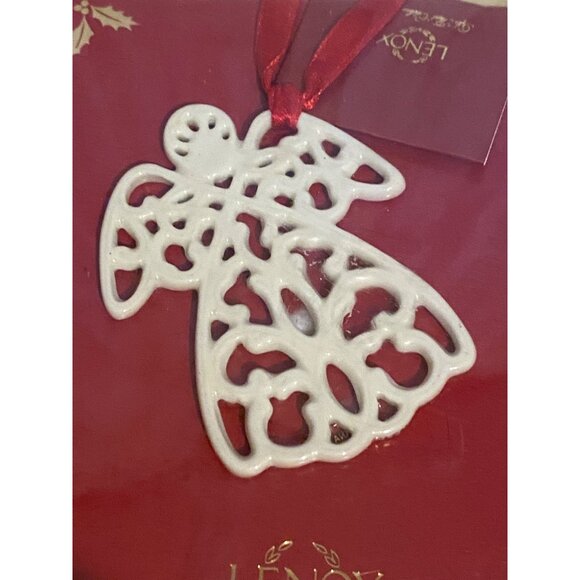 Lenox Pierced Angel Ivory China Charm With Red Ribbon for Hanging Ornament - Picture 2 of 4